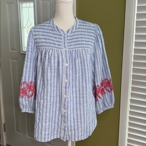Tommy Hilfiger Top Size Large Blousy Peasant Style Embroidered Sleeves